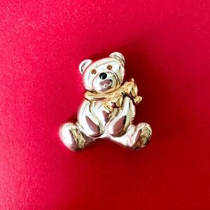 silver teddy bear brooch pin faux orange gemstone eyes and golden bow